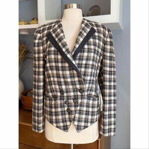 Louis Féraud Vintage Plaid Check Wool Double-Breasted Blazer Jacket Sz 8